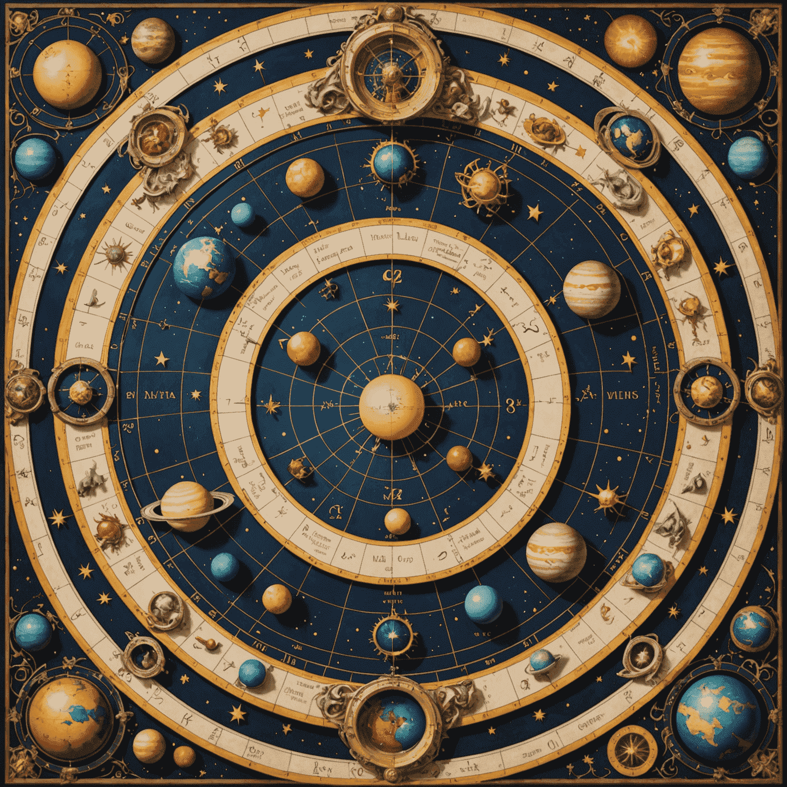 Astrologická mapa s planetami a znameními zvěrokruhu, zobrazující komplexní vzorce a propojení nebeských těles