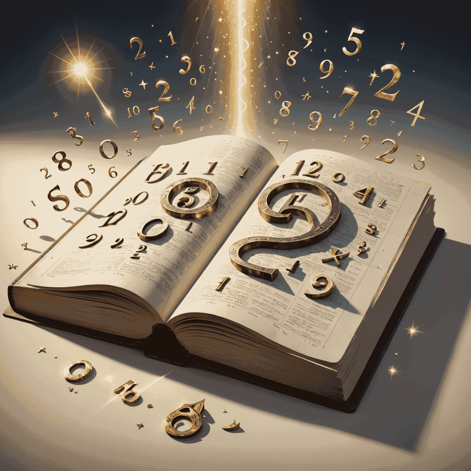 Ilustrace numerologické analýzy zobrazující různá čísla a symboly vznášející se nad otevřenou knihou života, s jemnými paprsky světla pronikajícími skrz