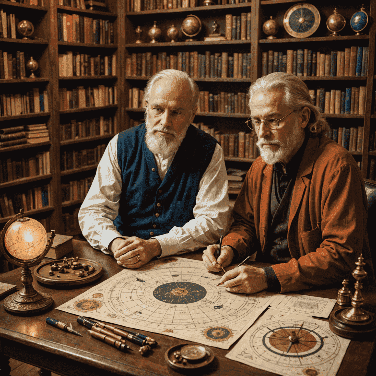 Astrolog sedící u stolu s klientem, diskutující nad rozloženou astrologickou mapou, obklopeni knihami a astrologickými nástroji